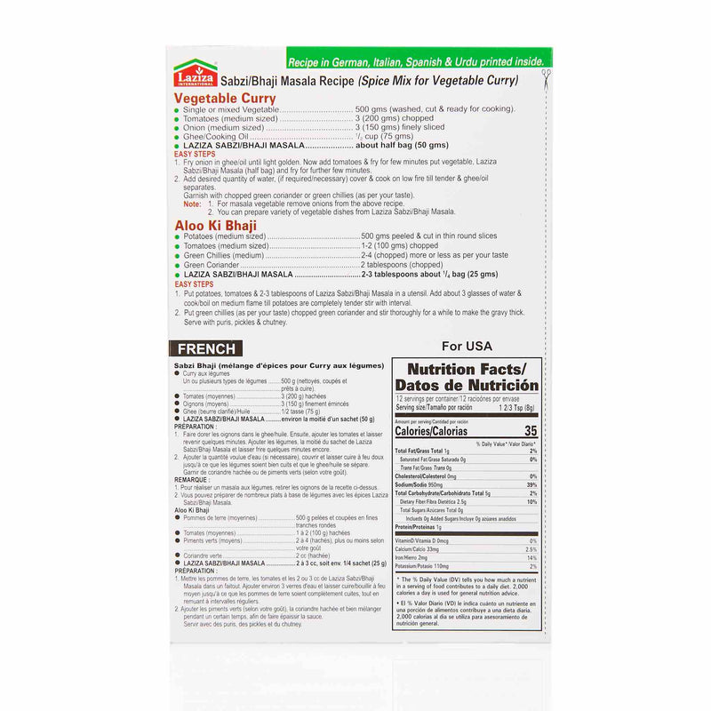 Laziza Sabzi Bhaji Recipe Mix - Directions