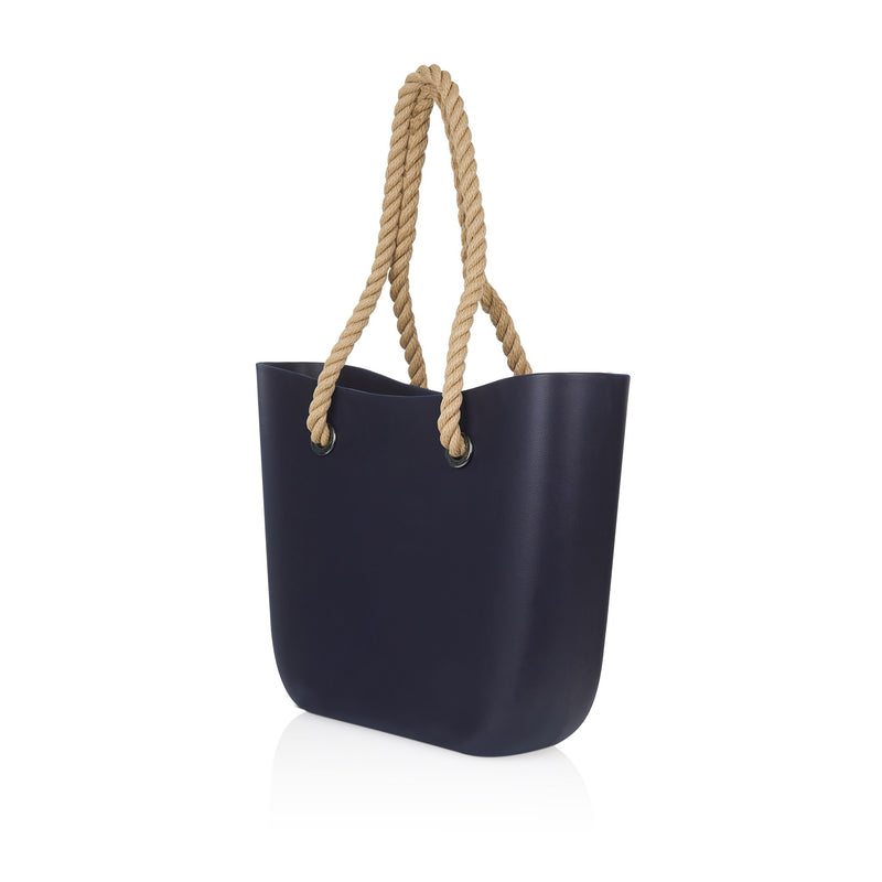 black waterproof beach bag with brown hemp handle - Front