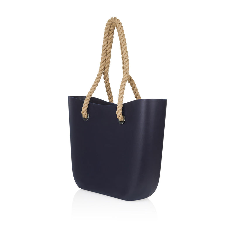 black waterproof beach bag with brown hemp handle - Side