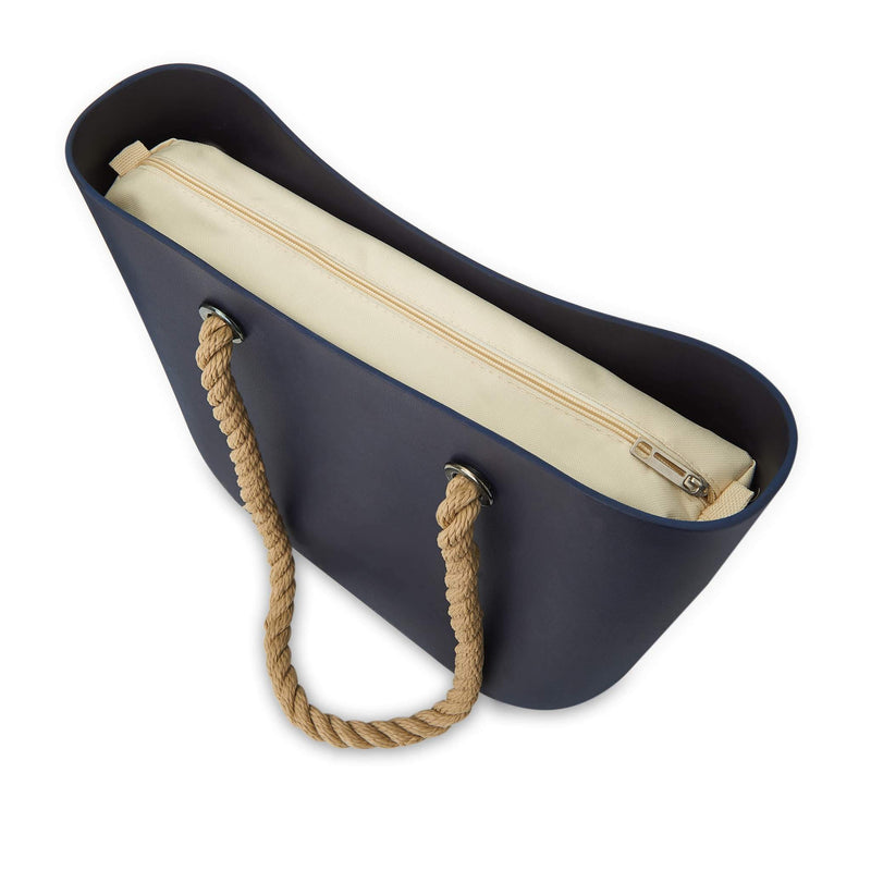 black waterproof beach bag with brown hemp handle - Top