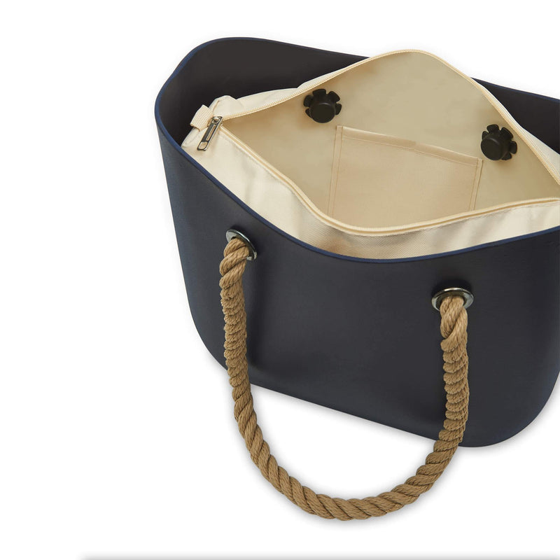 black waterproof beach bag with brown hemp handle - Top Open