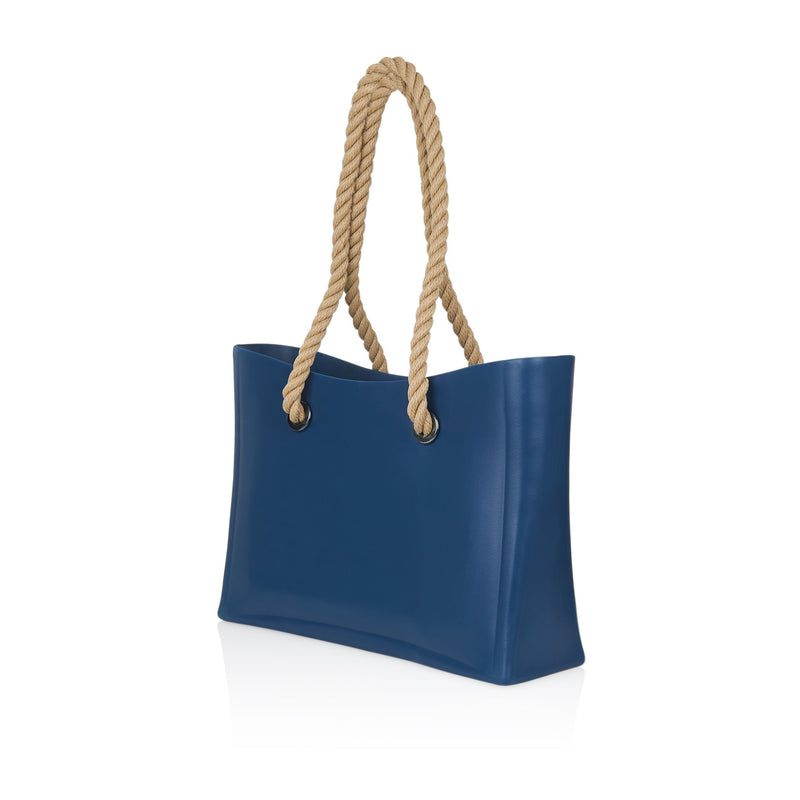 Blue waterproof beach bag with brown hemp handle - Front