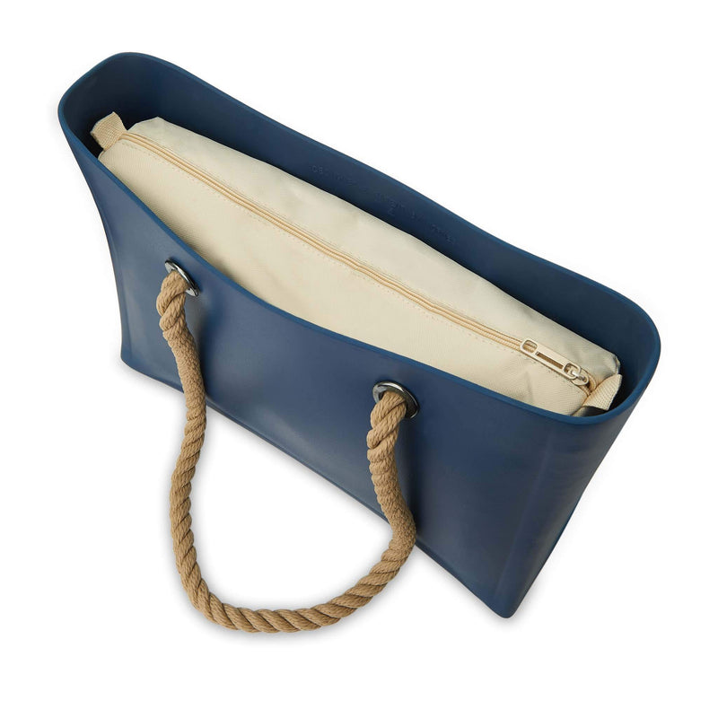 Blue waterproof beach bag with brown hemp handle - Top
