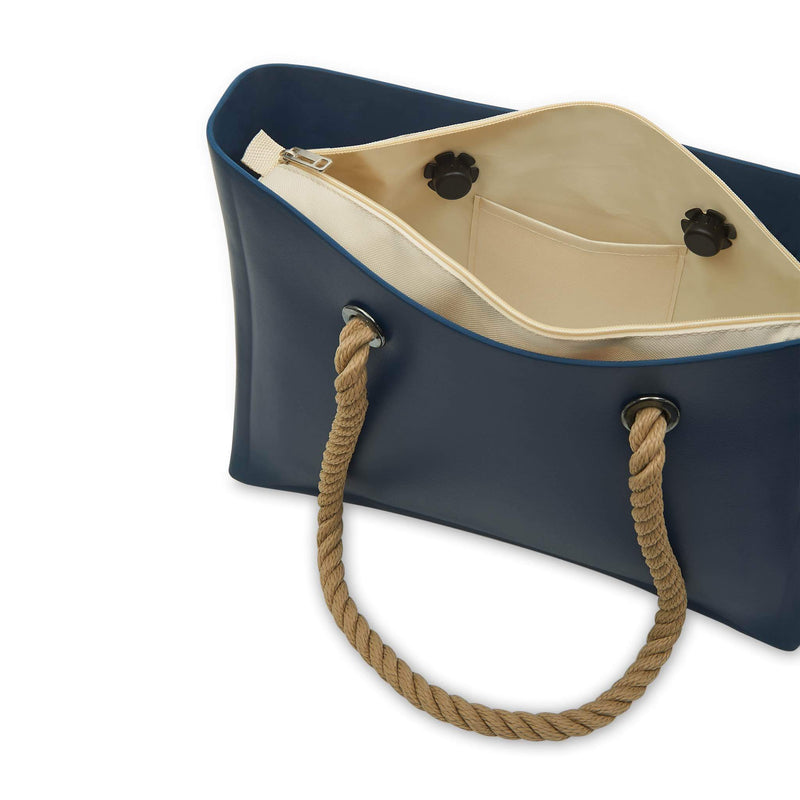 Blue waterproof beach bag with brown hemp handle - Top open