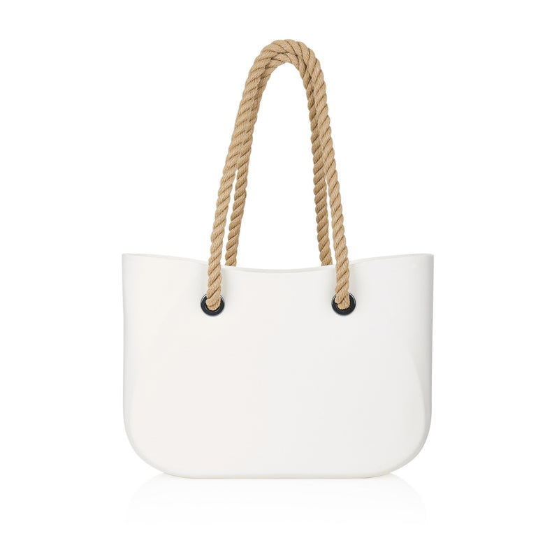 White waterproof beach bag with brown hemp handle - Front
