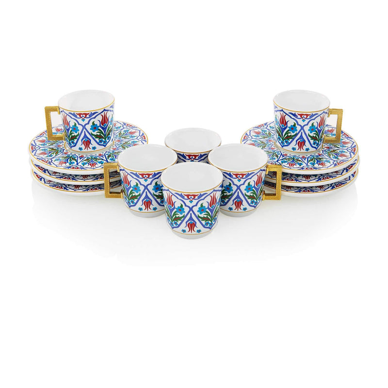 Blue Floral Patterned Turkish Coffee Set - Front