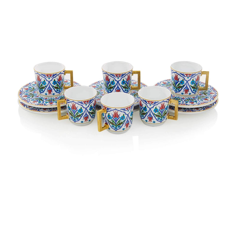 Blue Floral Patterned Turkish Coffee Set - Front 2