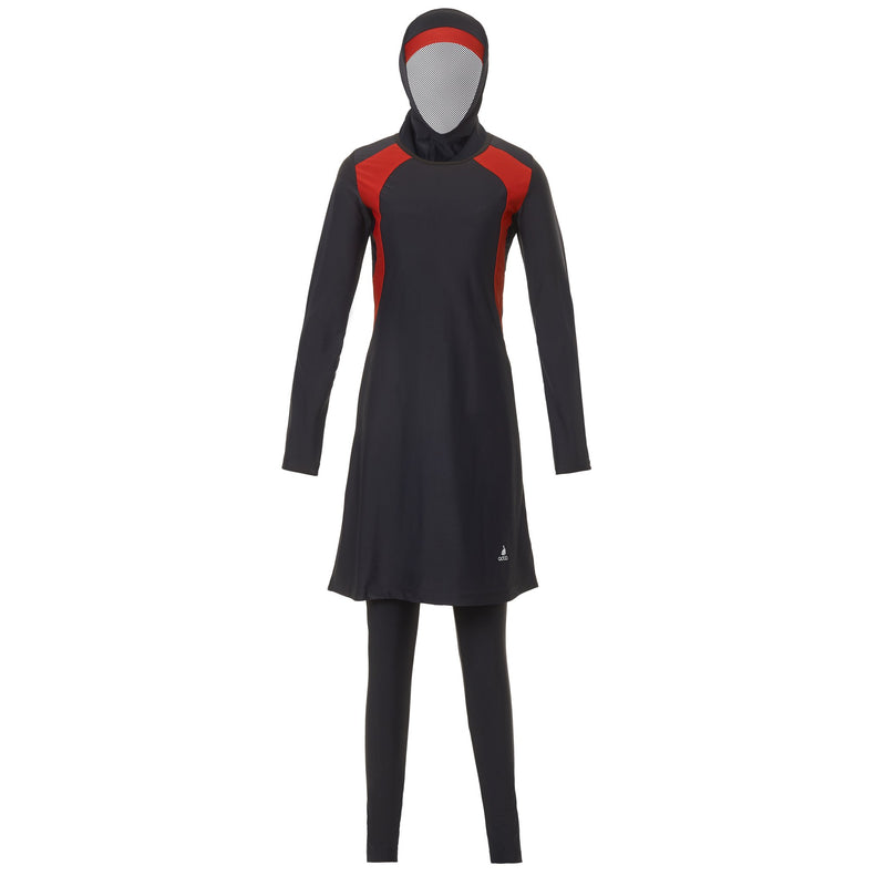 Black and Red Striped Burkini Swimwear - Front