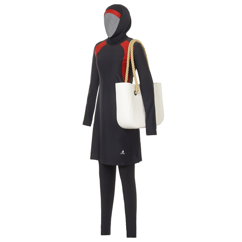 Black and Red Striped Burkini Swimwear - Side