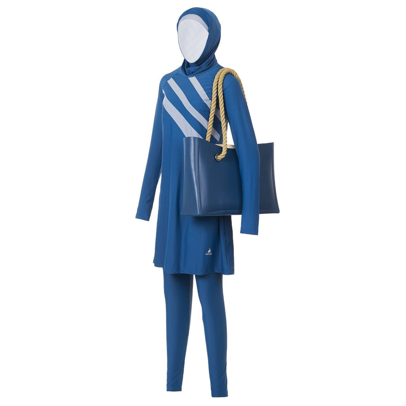 Blue and Grey Striped Burkini Swimwear - Side