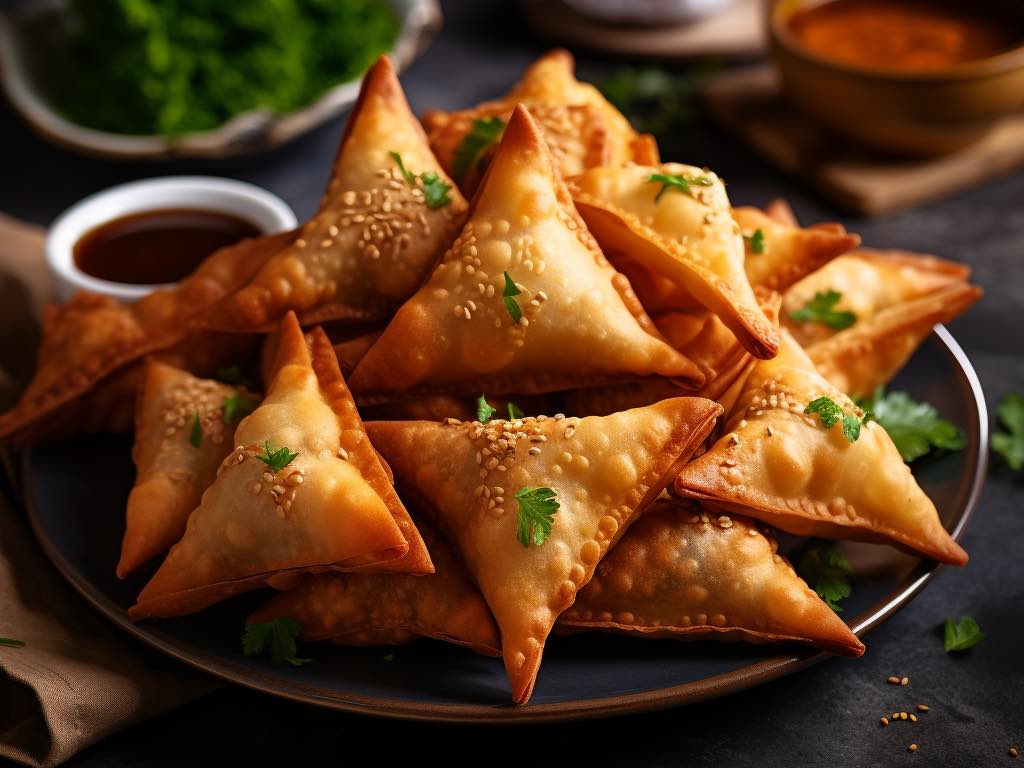 Samosas in wicker basket on dinner table · Free Stock Photo