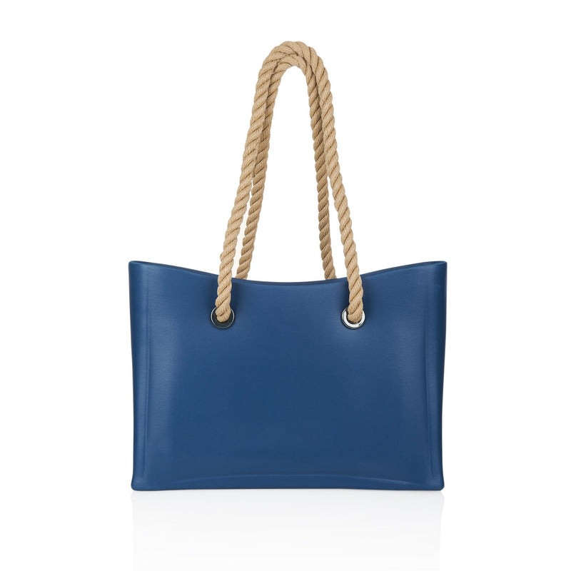 Blue waterproof beach bag with brown hemp handle - Front