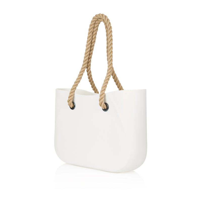 White waterproof beach bag with brown hemp handle - Front