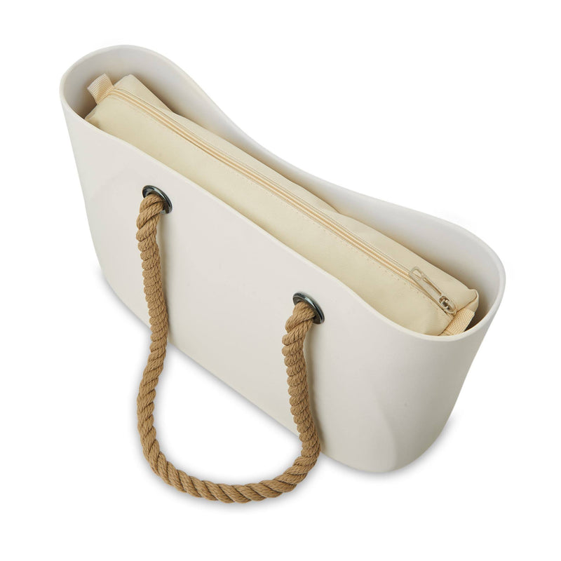 White waterproof beach bag with brown hemp handle - Top