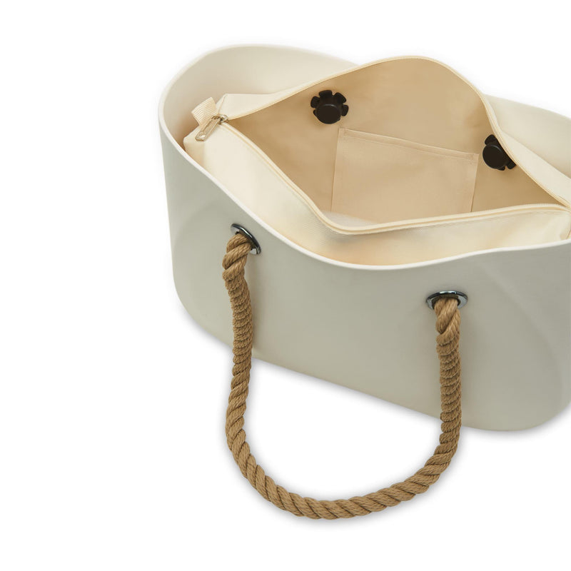 White waterproof beach bag with brown hemp handle - Top Open