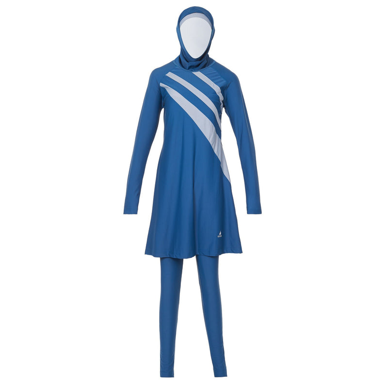 Blue and Grey Striped Burkini Swimwear - Front